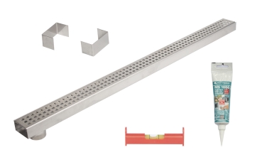 Entwässerungsrinnenset mit 1 x Rinne (Poolrinne) Superflach V4A mit Ablaufstutzen, 2 Endstücke, 1 Dichtmittel, 1 Schnurwasserwaage
